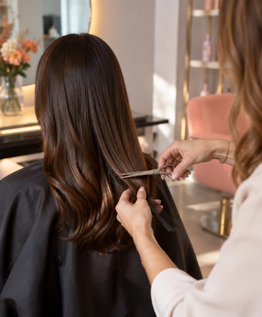 Professional hairstylist finishing a client's haircut